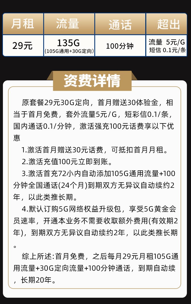 电信西瓜卡，29包105g通用+30g定向+100分钟通话，自带黄金速率