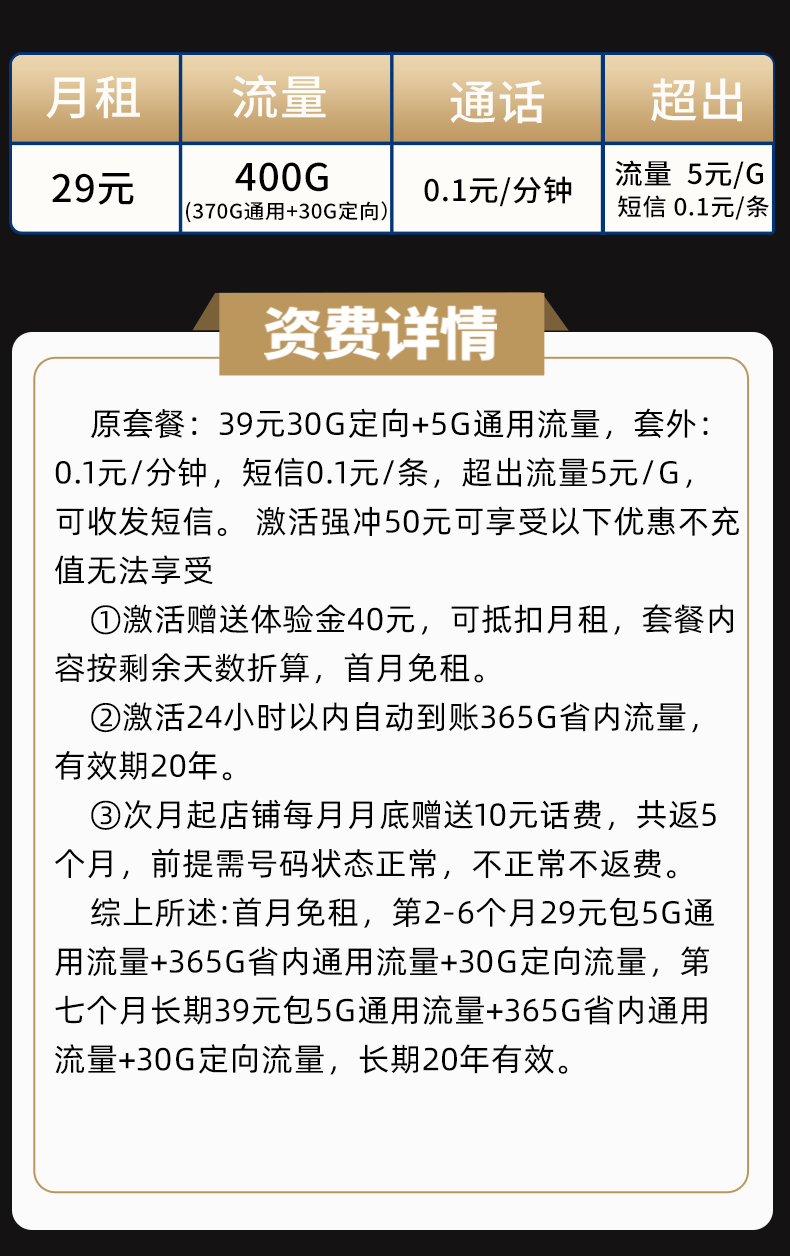 电信锦觅卡，29包370G通用+30G定向+0.1/分钟，优惠期20年